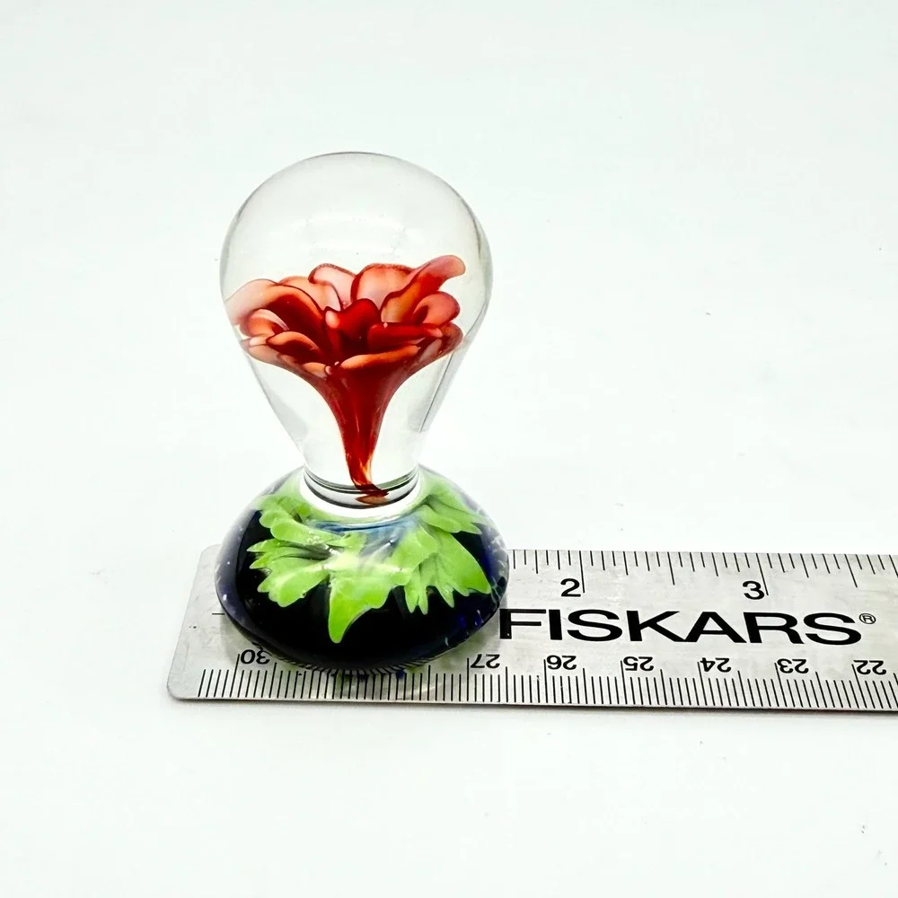 Artisan Glass Paperweight Red Lampwork Flower Green‎ Ruffled Base Blue Speckled
